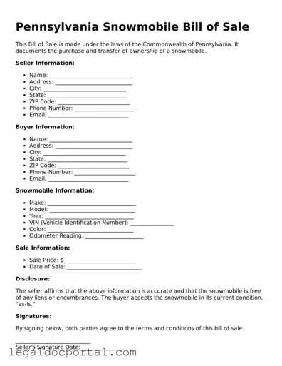 Attorney-Verified Pennsylvania Snowmobile Bill of Sale Form