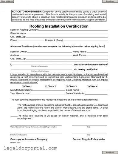 Printable Roofing Certificate Form