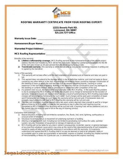 Printable Roofing Warranty Certificate Form