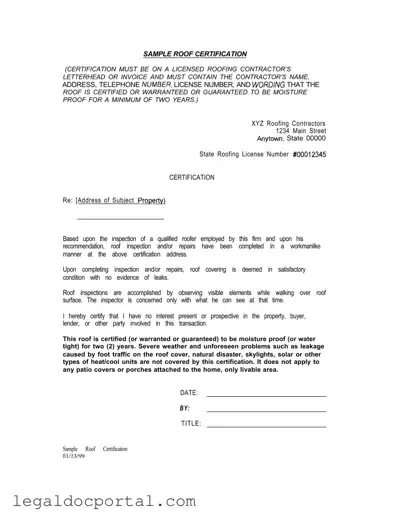 Printable Sample Roof Certification Form
