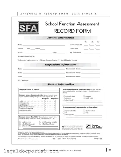 Printable School Function Assessment Form