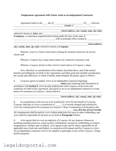 Printable Tattoo Shop Artist Agreement Form