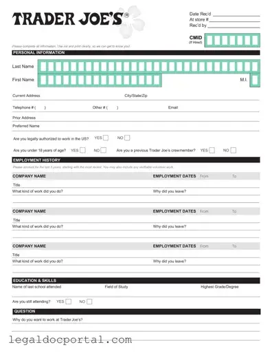 Printable Trader Joe's application Form