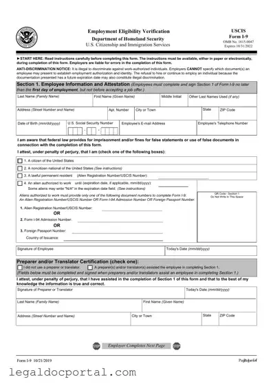 Printable USCIS I-9 Form