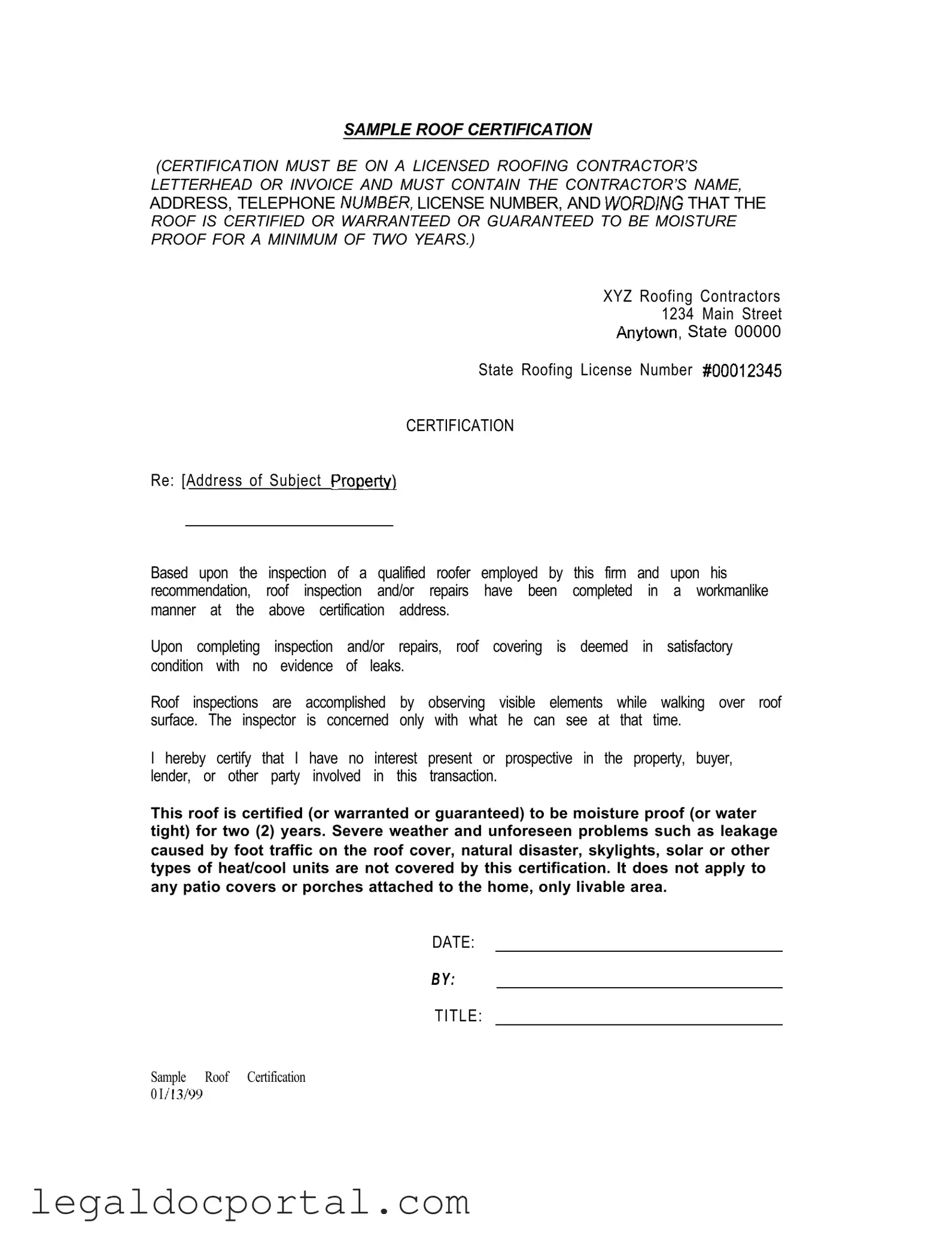 Printable Sample Roof Certification Form