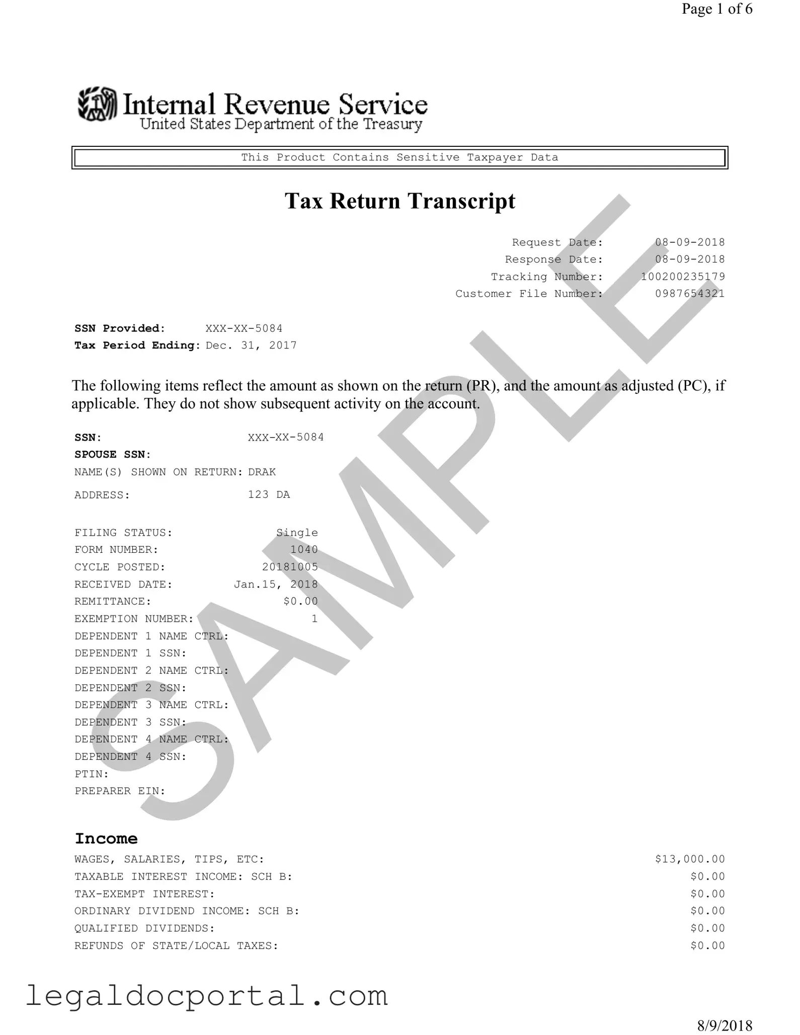 Printable Sample Tax Return Transcript Form