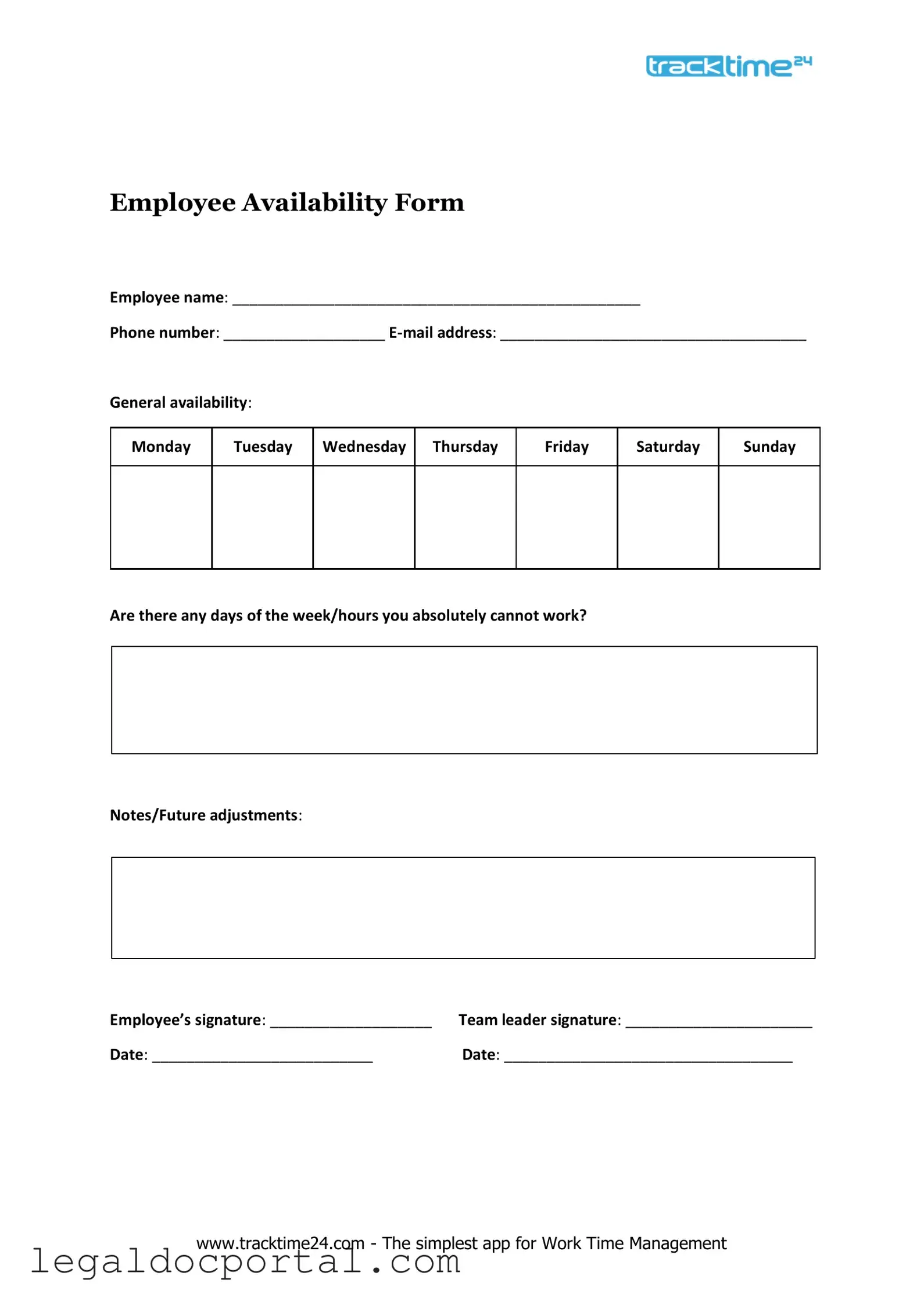 Printable Employee Availability Form