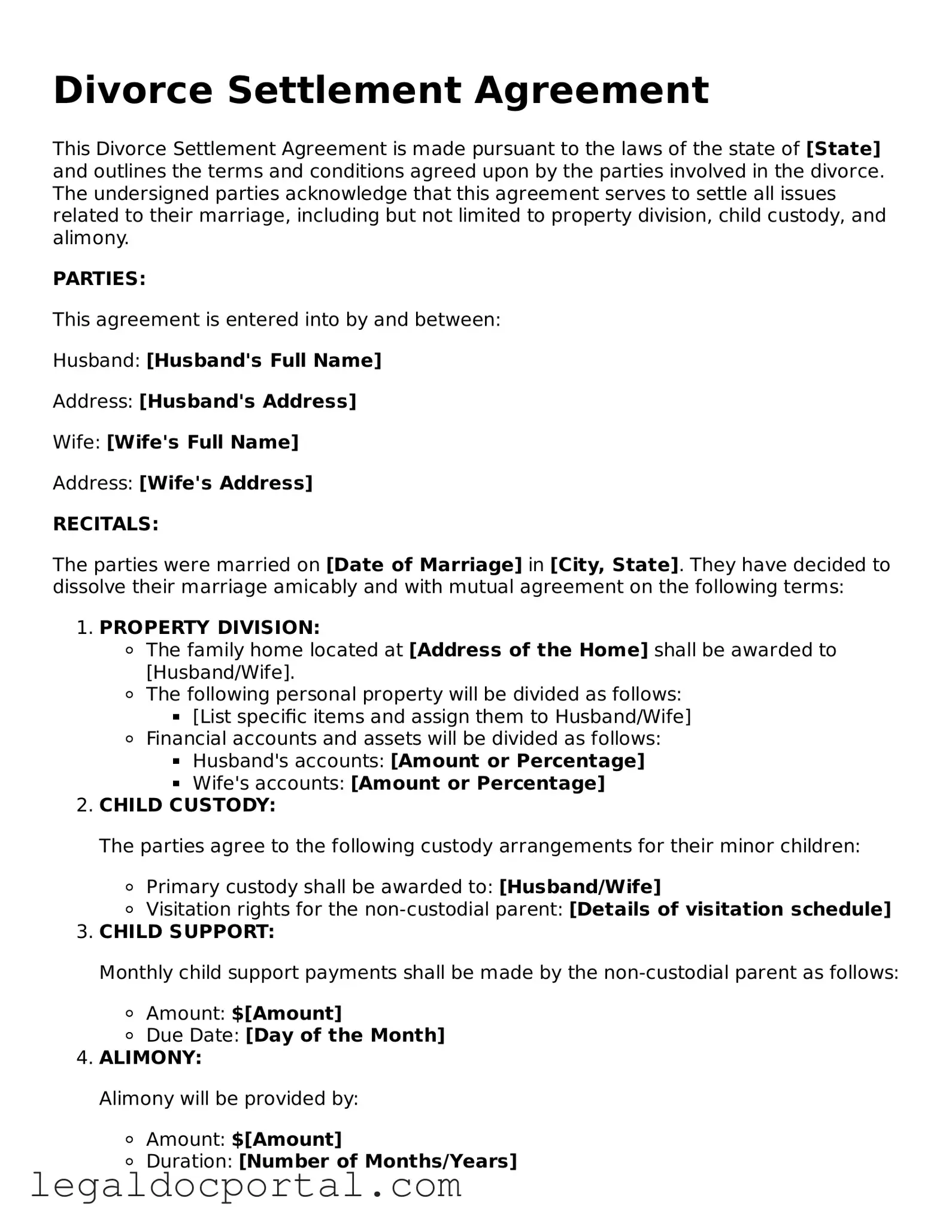 Official Divorce Settlement Agreement Document