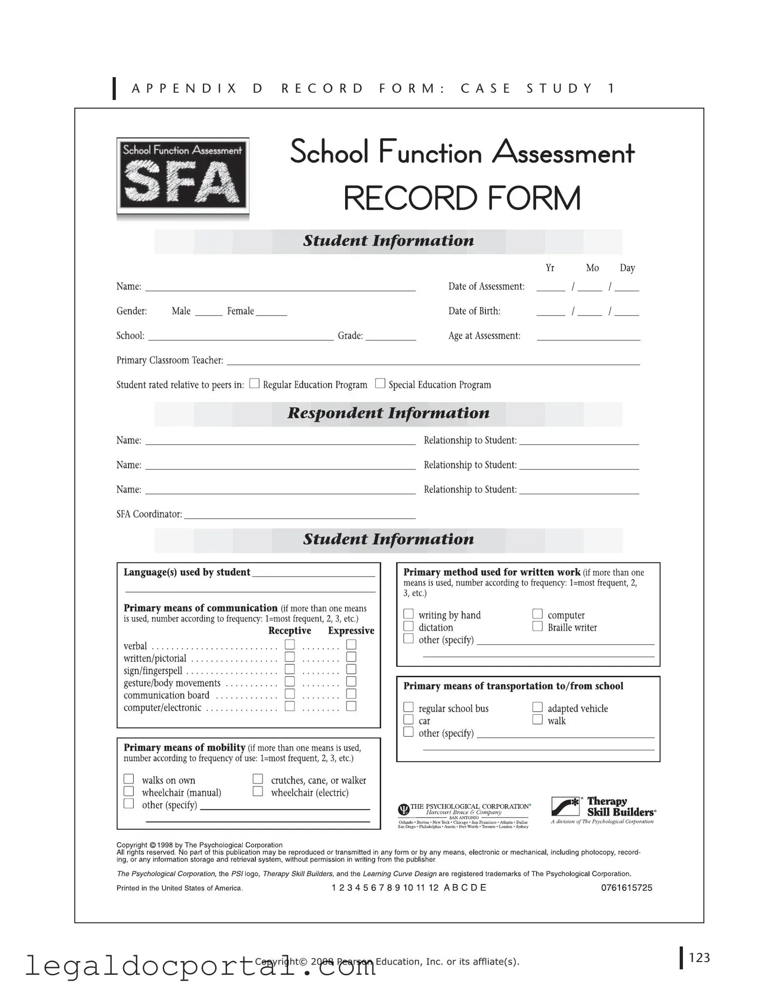 Printable School Function Assessment Form