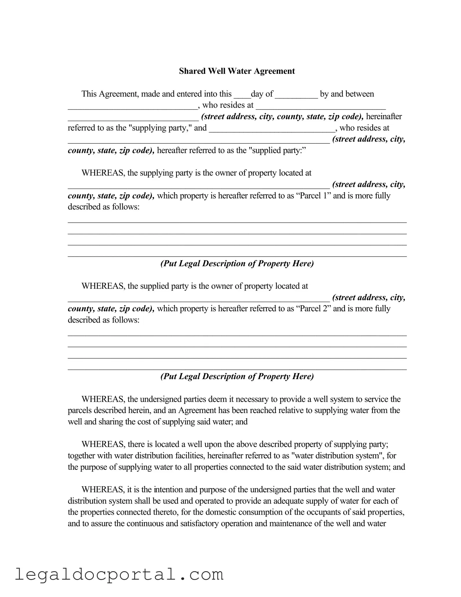 Printable Shared Well Agreement Form