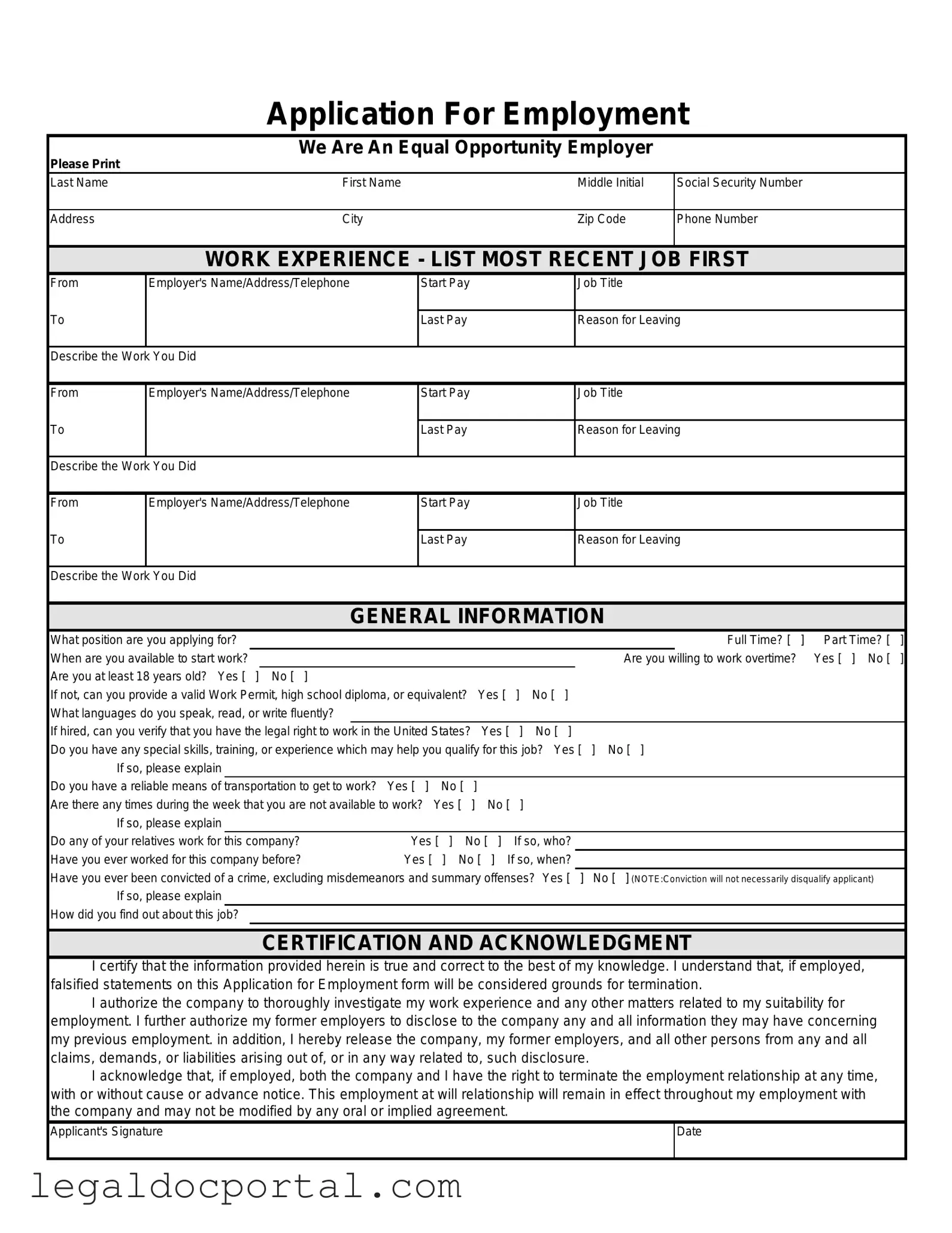 Printable Spanish Application Employment Form