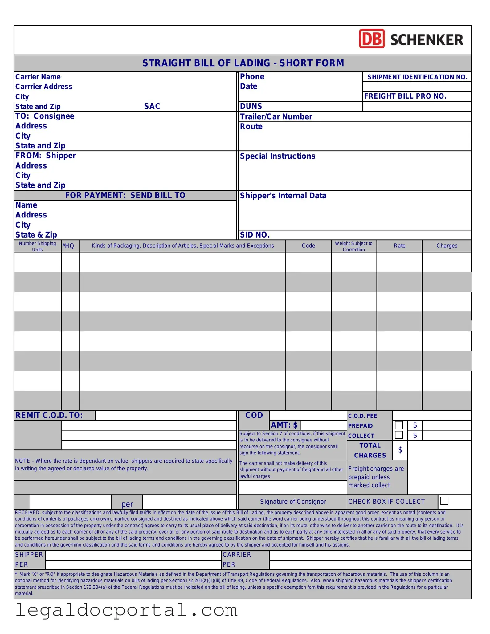 Printable Straight Bill Of Lading Form