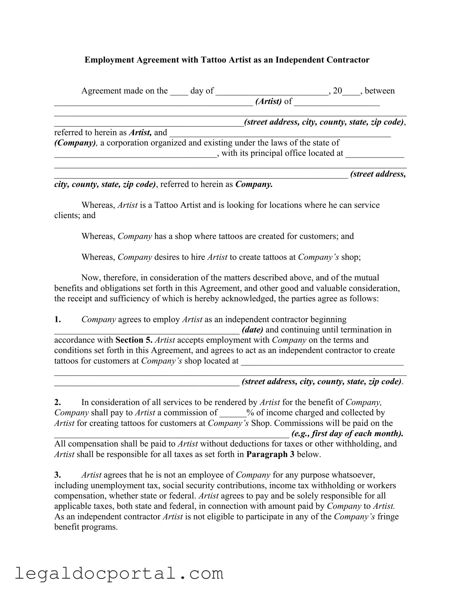 Printable Tattoo Shop Artist Agreement Form