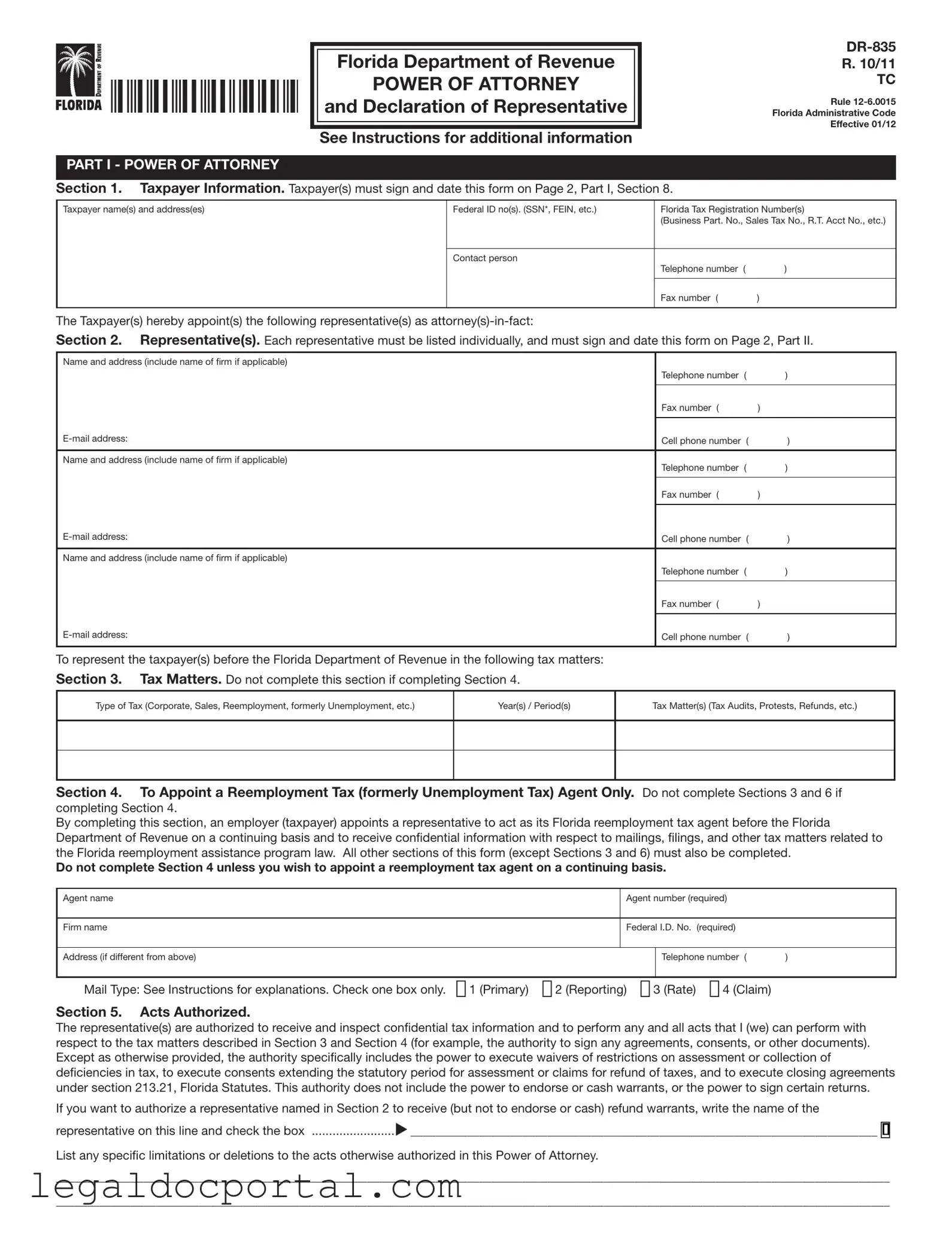 Printable Tax POA dr 835 Form
