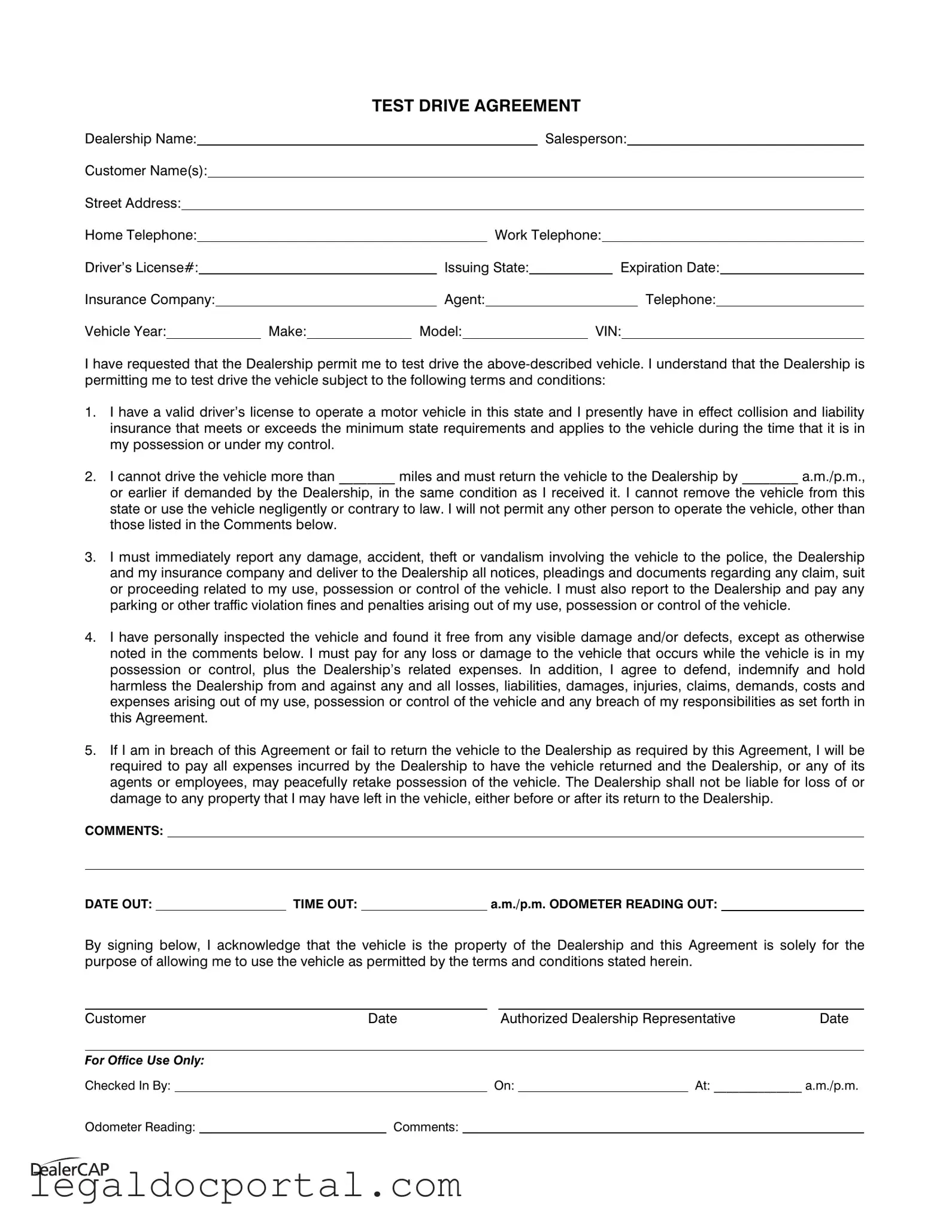Printable Test Drive Form