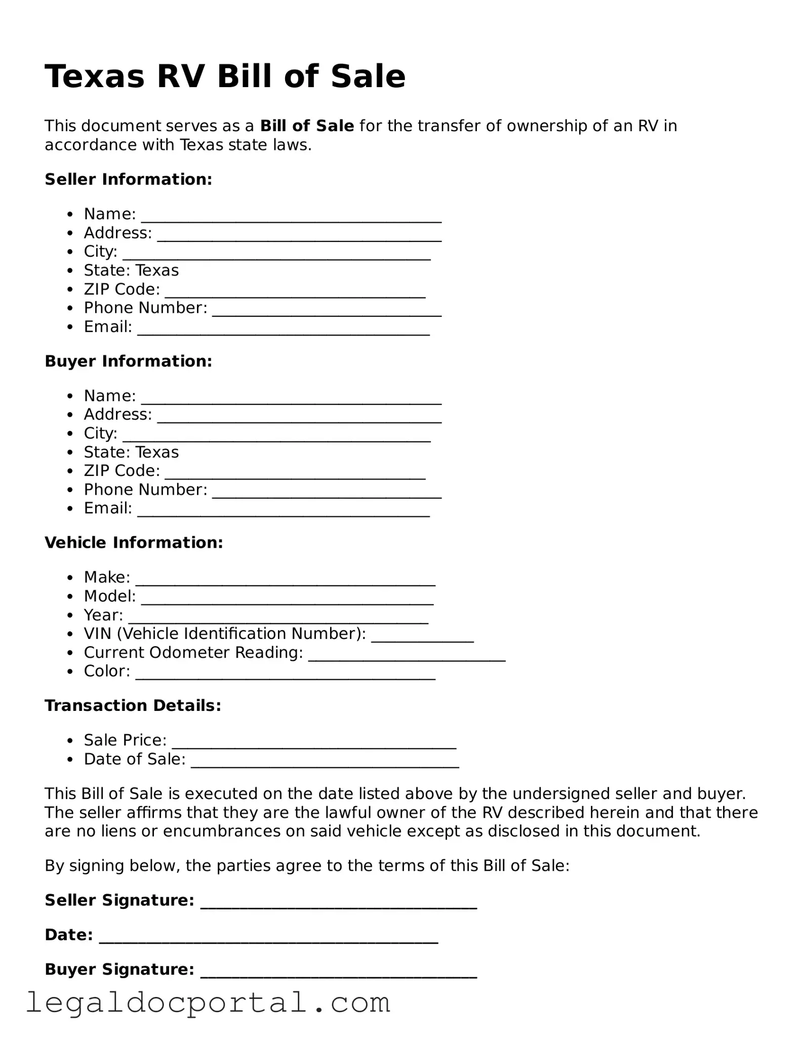 Attorney-Verified Texas RV Bill of Sale Form