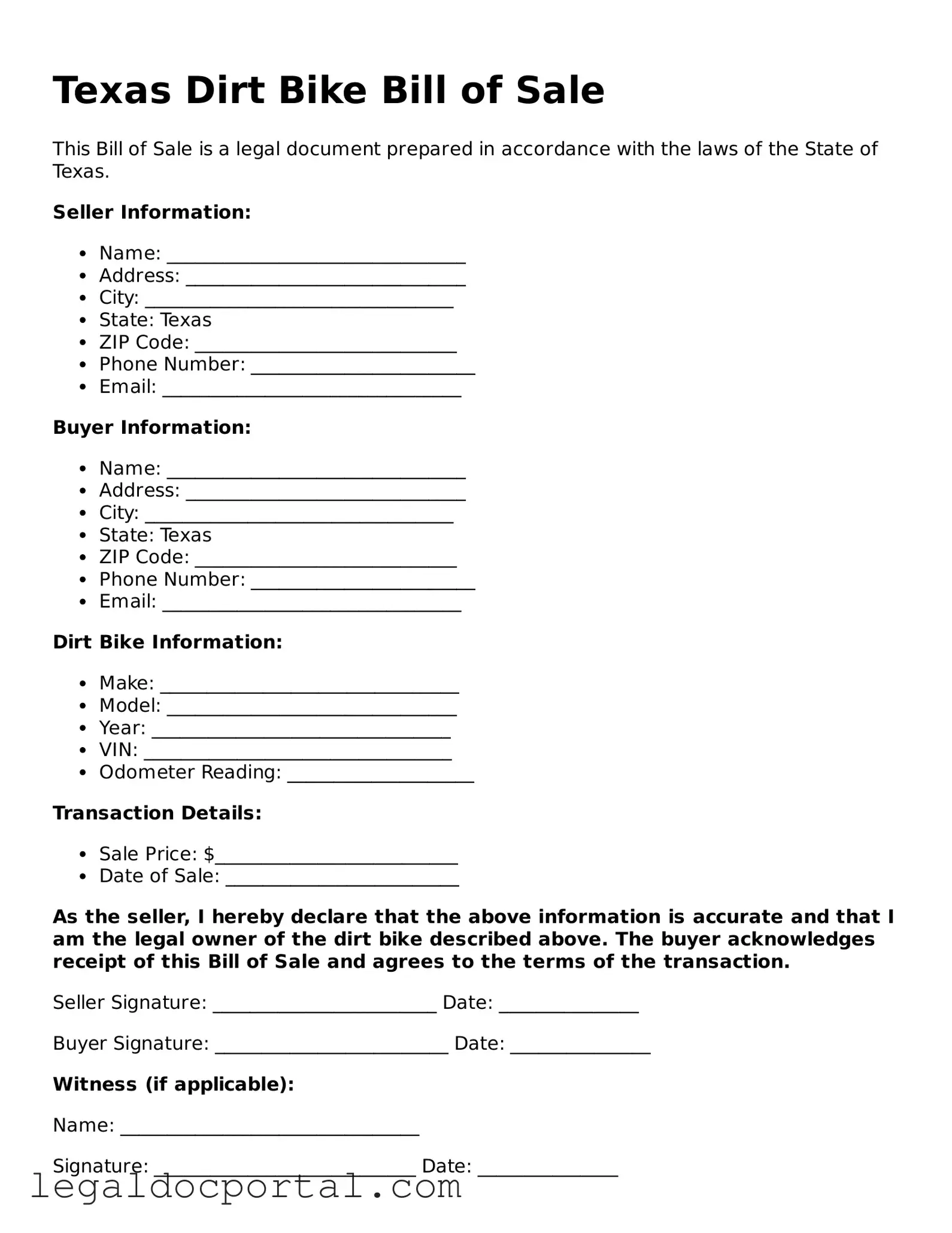 Attorney-Verified Texas Dirt Bike Bill of Sale Form