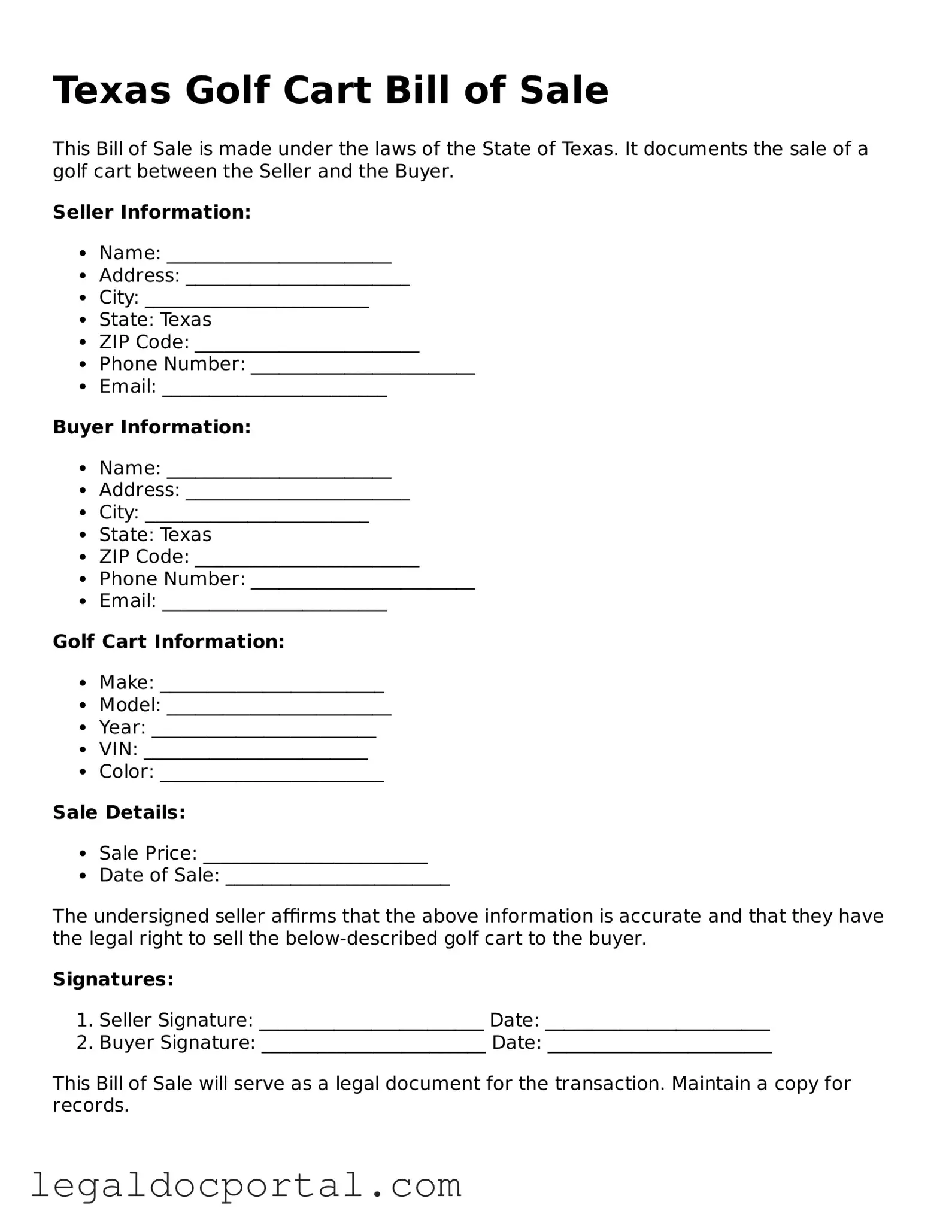 Attorney-Verified Texas Golf Cart Bill of Sale Form