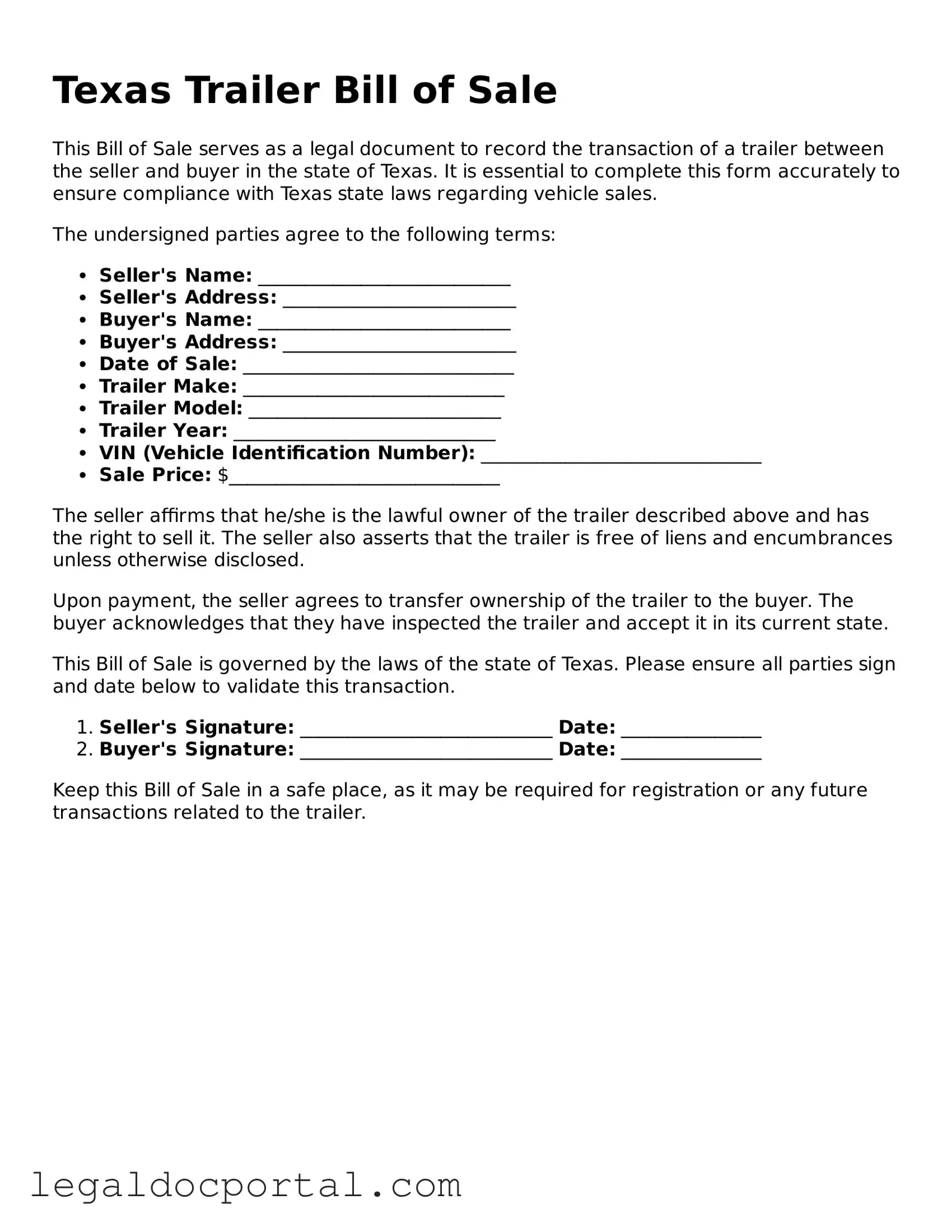 Attorney-Verified Texas Trailer Bill of Sale Form