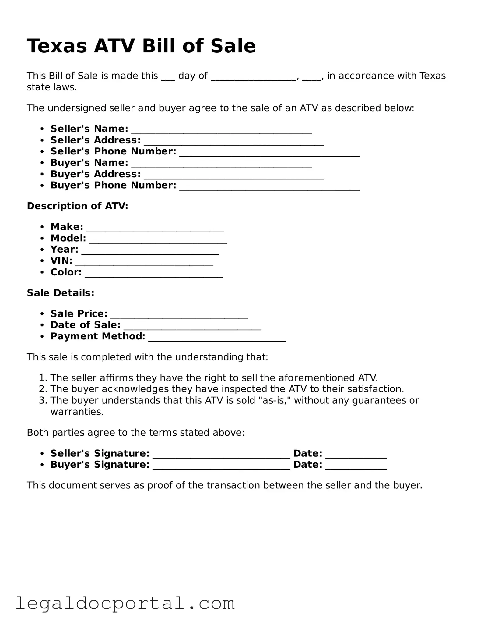 Attorney-Verified Texas ATV Bill of Sale Form