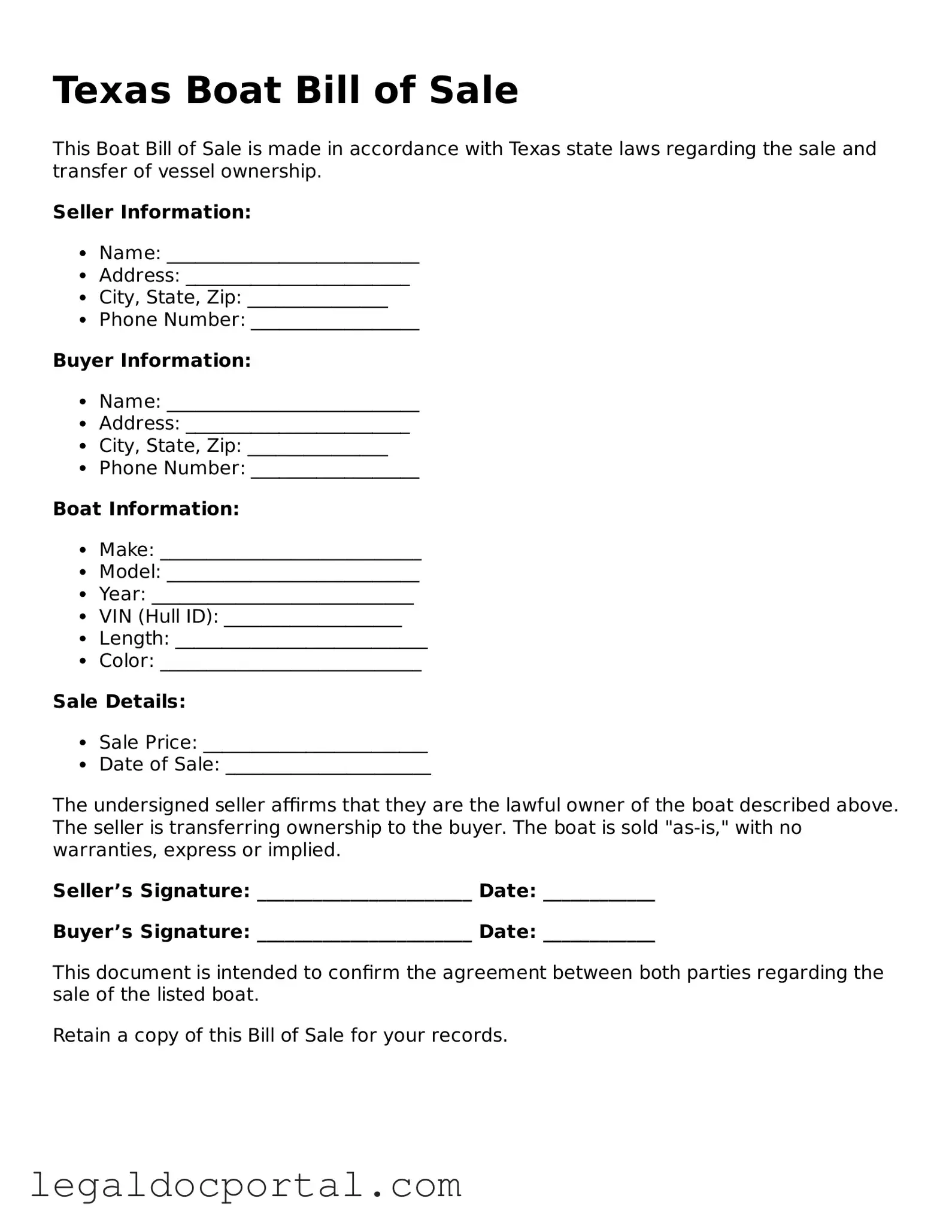 Attorney-Verified Texas Boat Bill of Sale Form