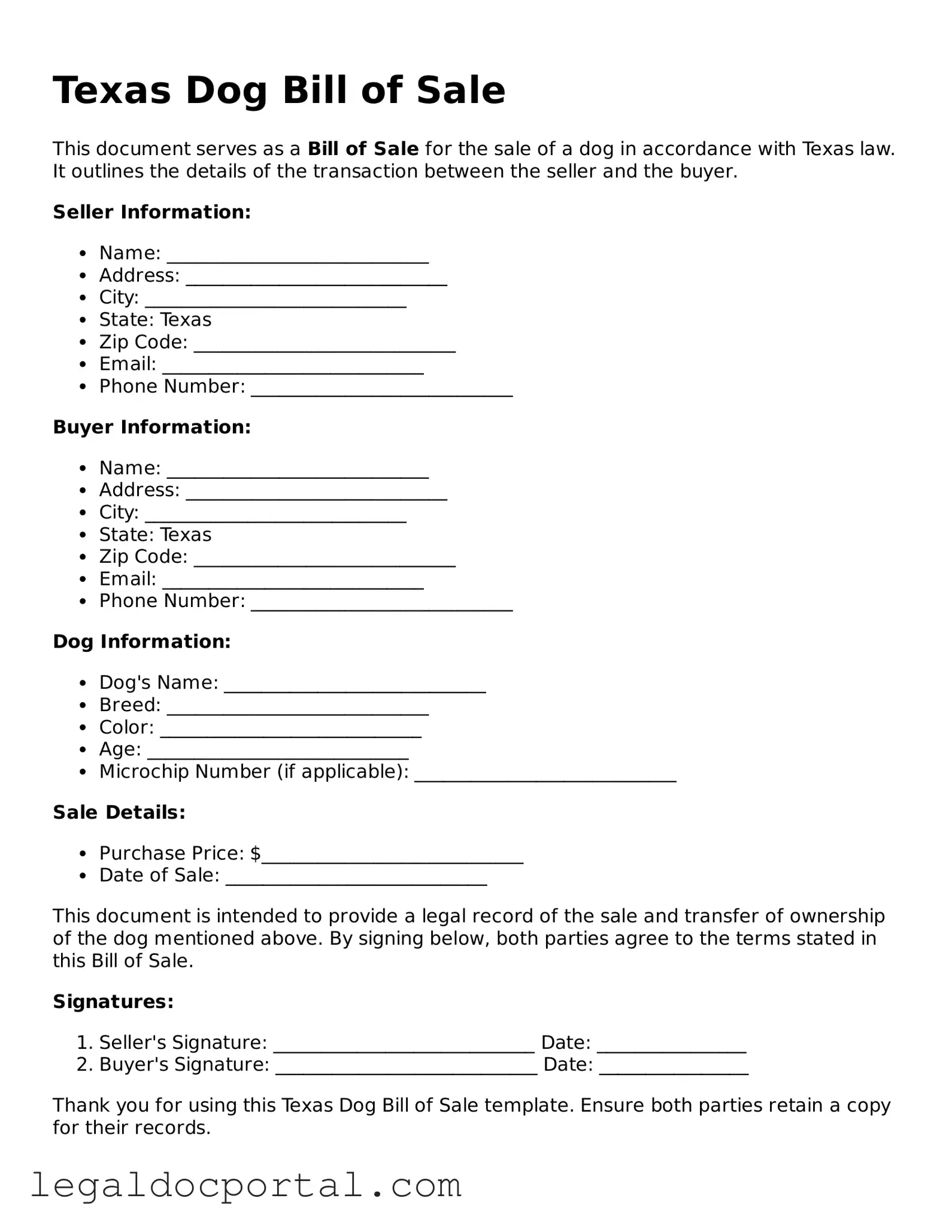 Attorney-Verified Texas Dog Bill of Sale Form