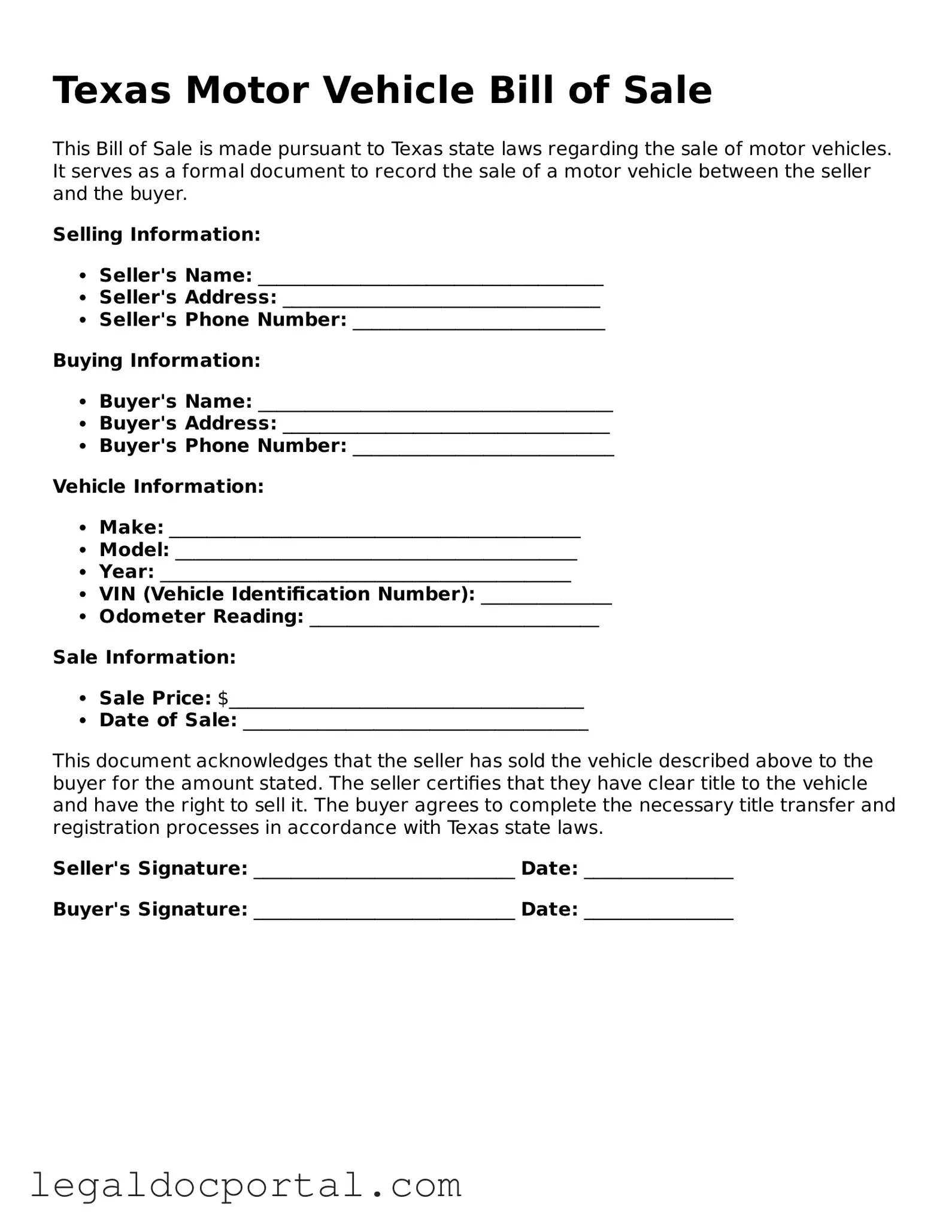 Attorney-Verified Texas Motor Vehicle Bill of Sale Form