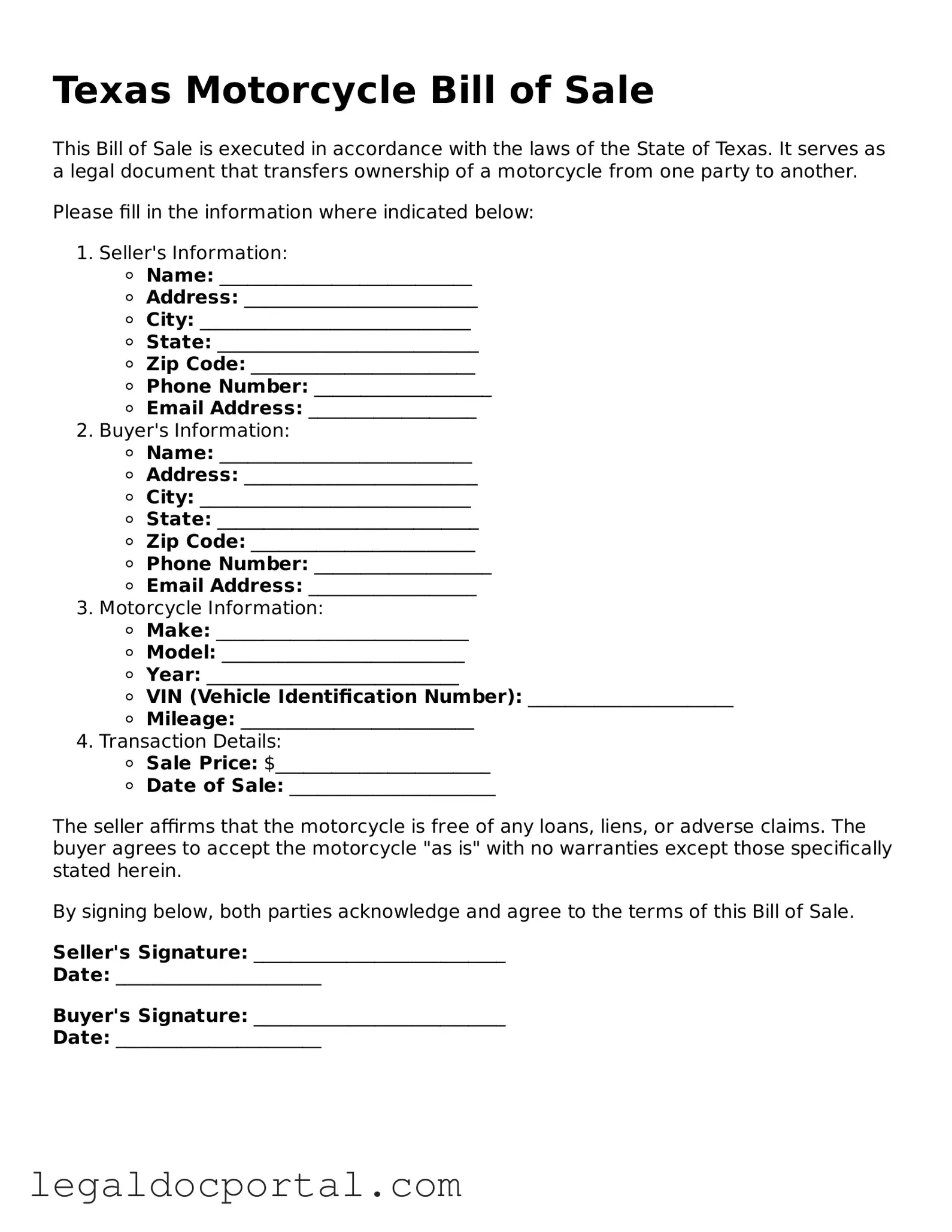 Attorney-Verified Texas Motorcycle Bill of Sale Form