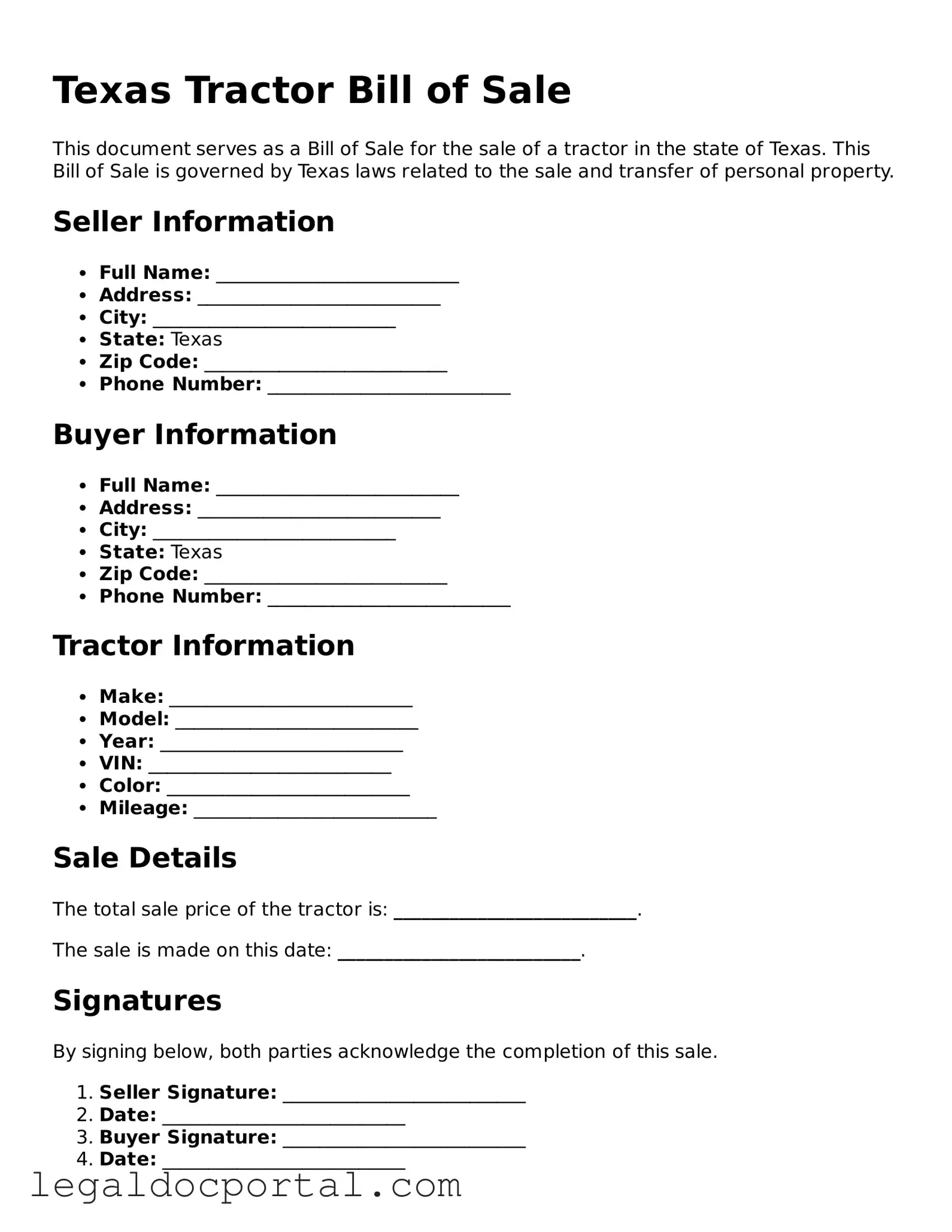 Attorney-Verified Texas Tractor Bill of Sale Form