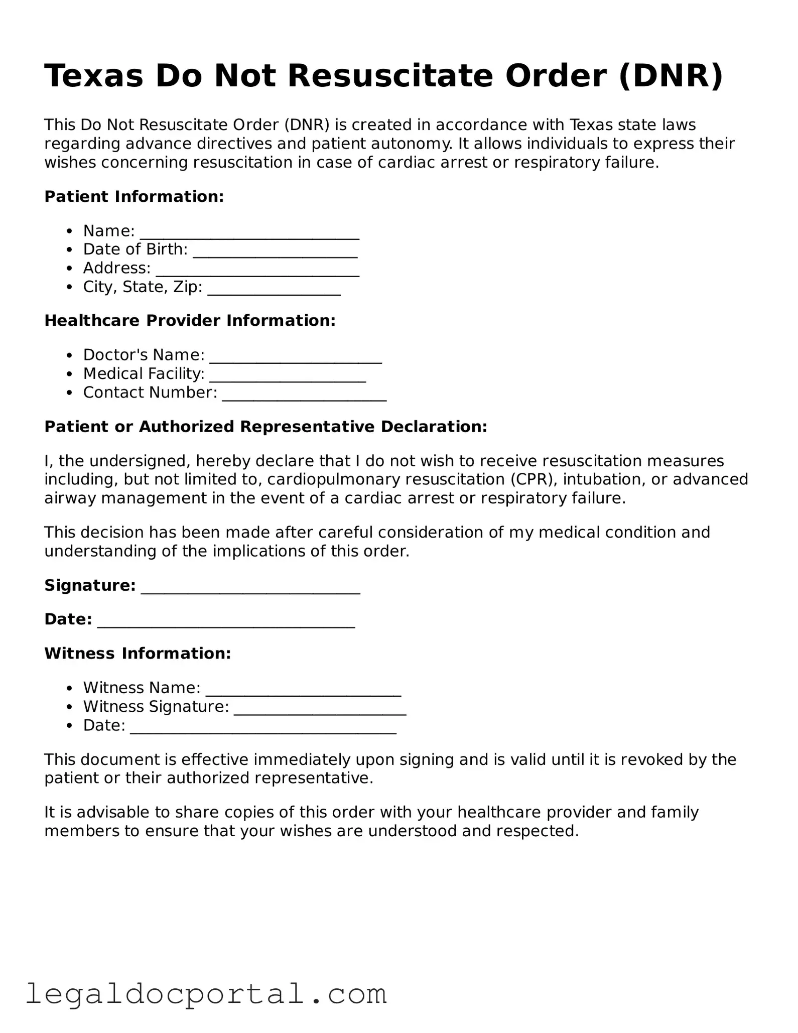 Attorney-Verified Texas Do Not Resuscitate Order Form