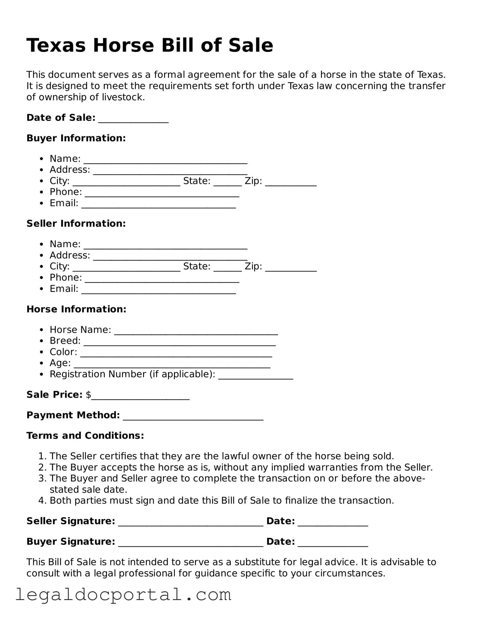 Attorney-Verified Texas Horse Bill of Sale Form