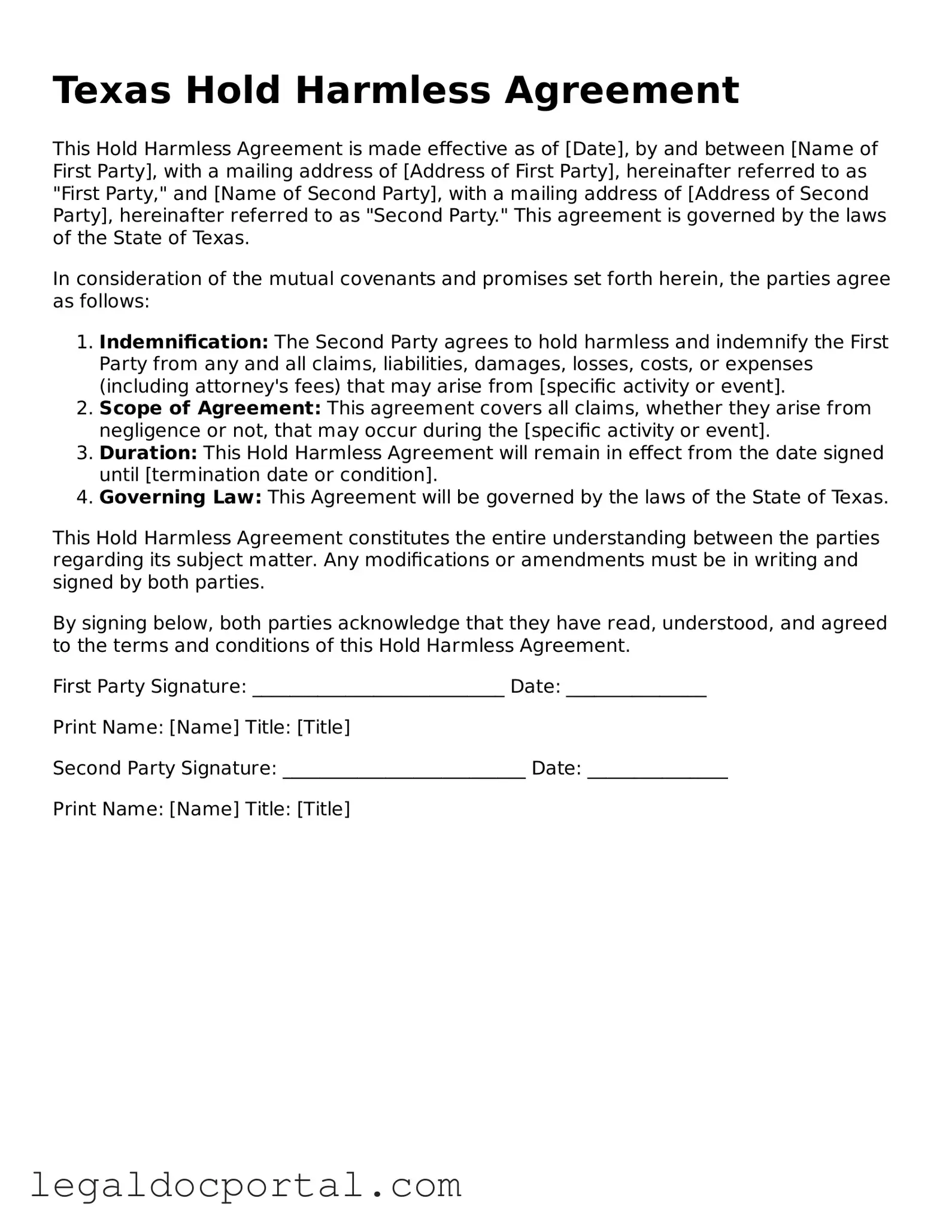 Attorney-Verified Texas Hold Harmless Agreement Form