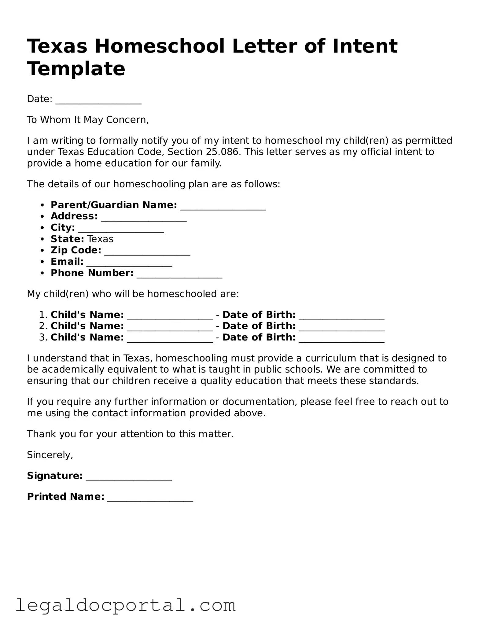 Attorney-Verified Texas Homeschool Letter of Intent Form