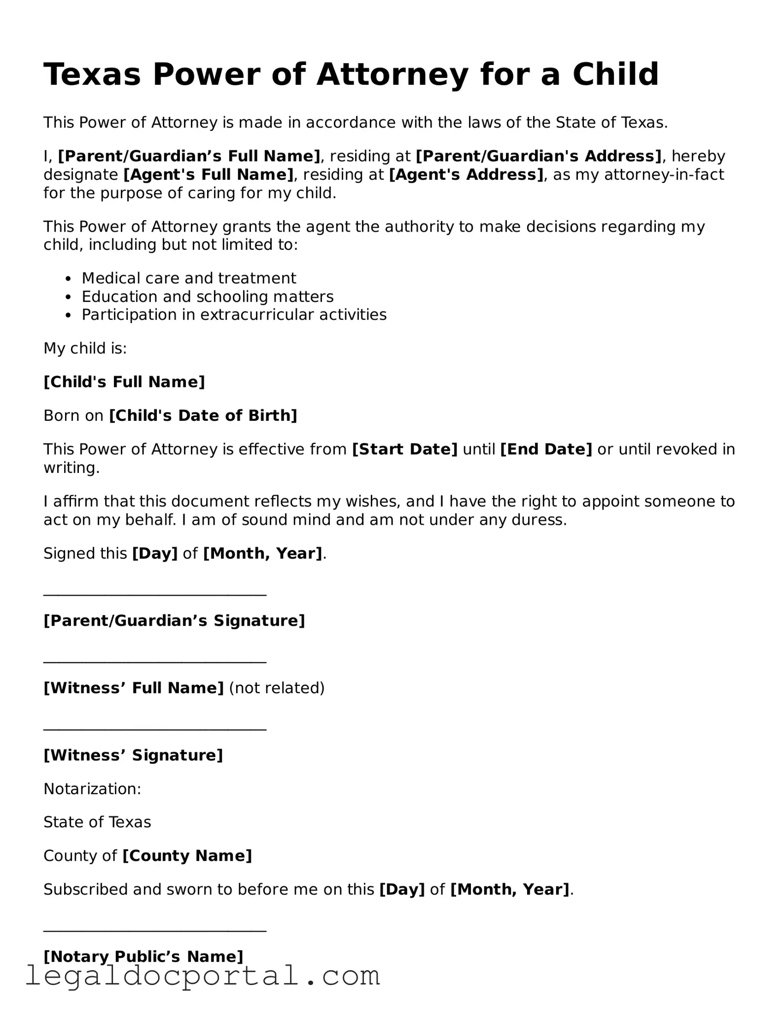 Attorney-Verified Texas Power of Attorney for a Child Form