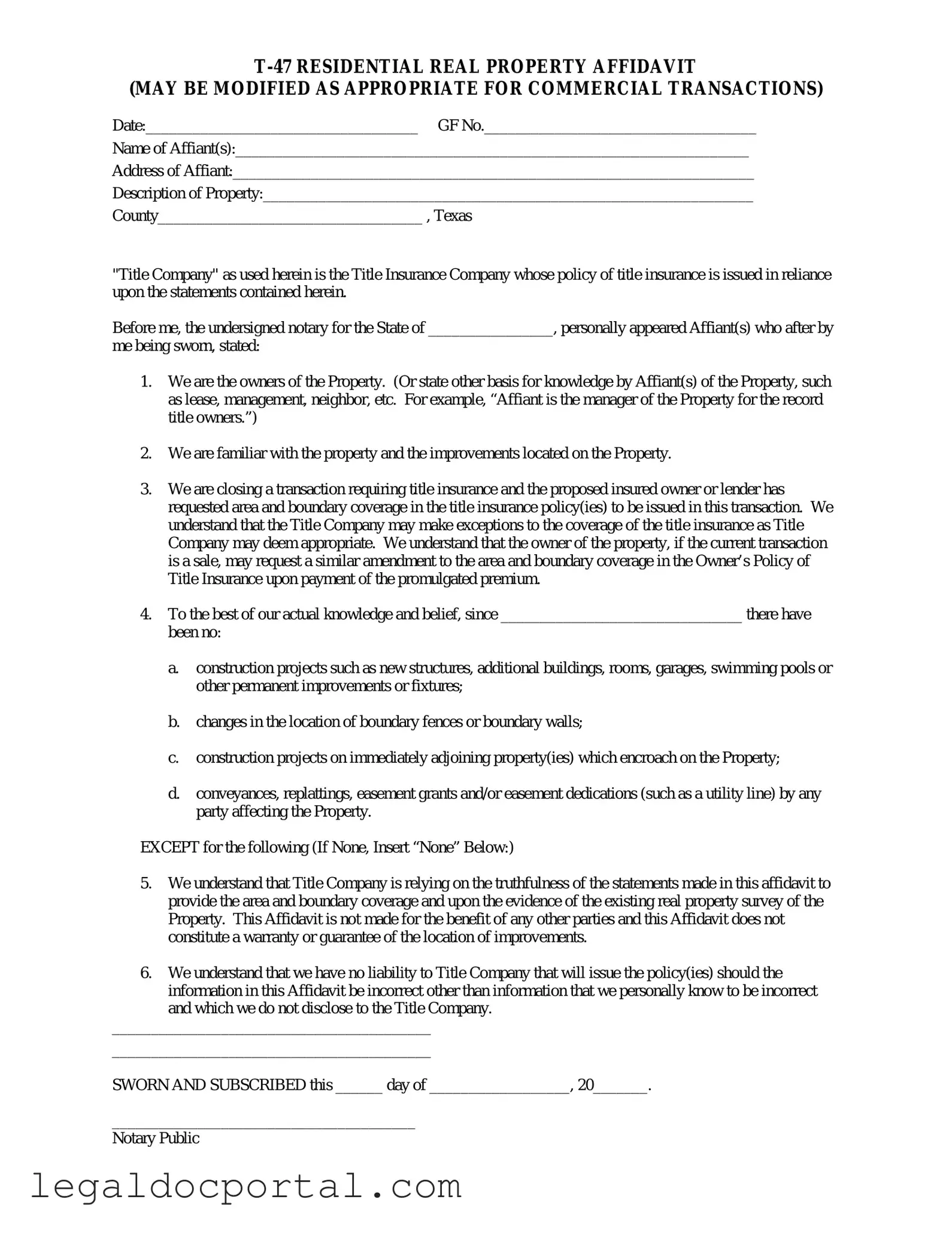 Printable Texas residential property affidavit T-47 Form