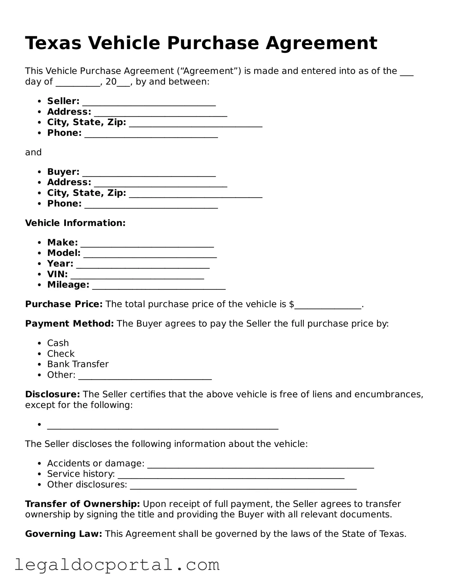 Attorney-Verified Texas Vehicle Purchase Agreement Form