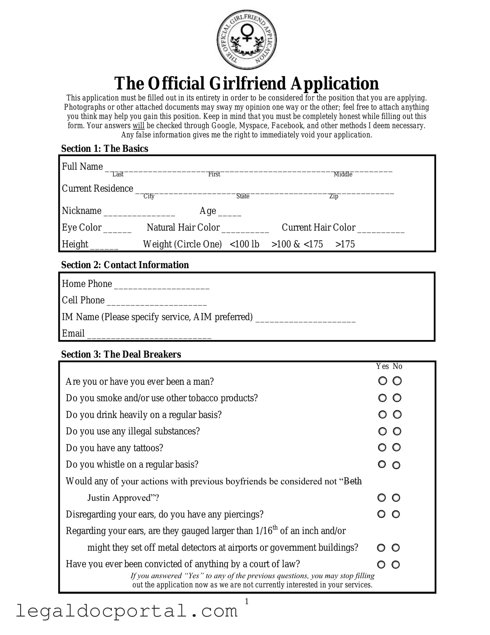 Printable Girlfriend Application Form