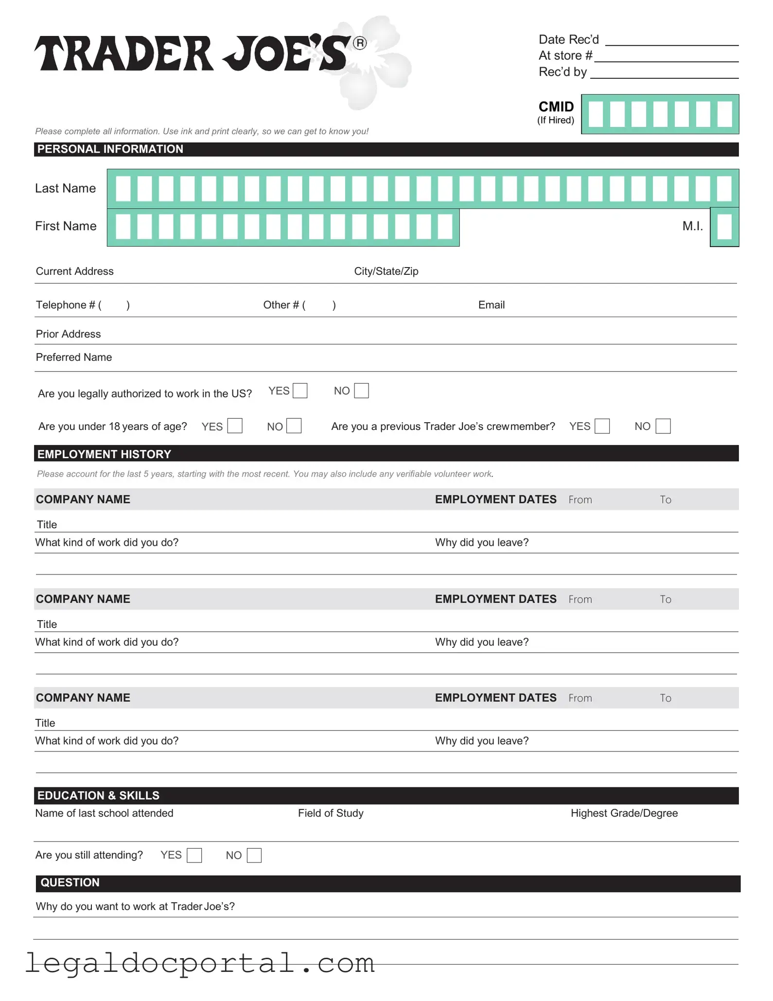 Printable Trader Joe's application Form