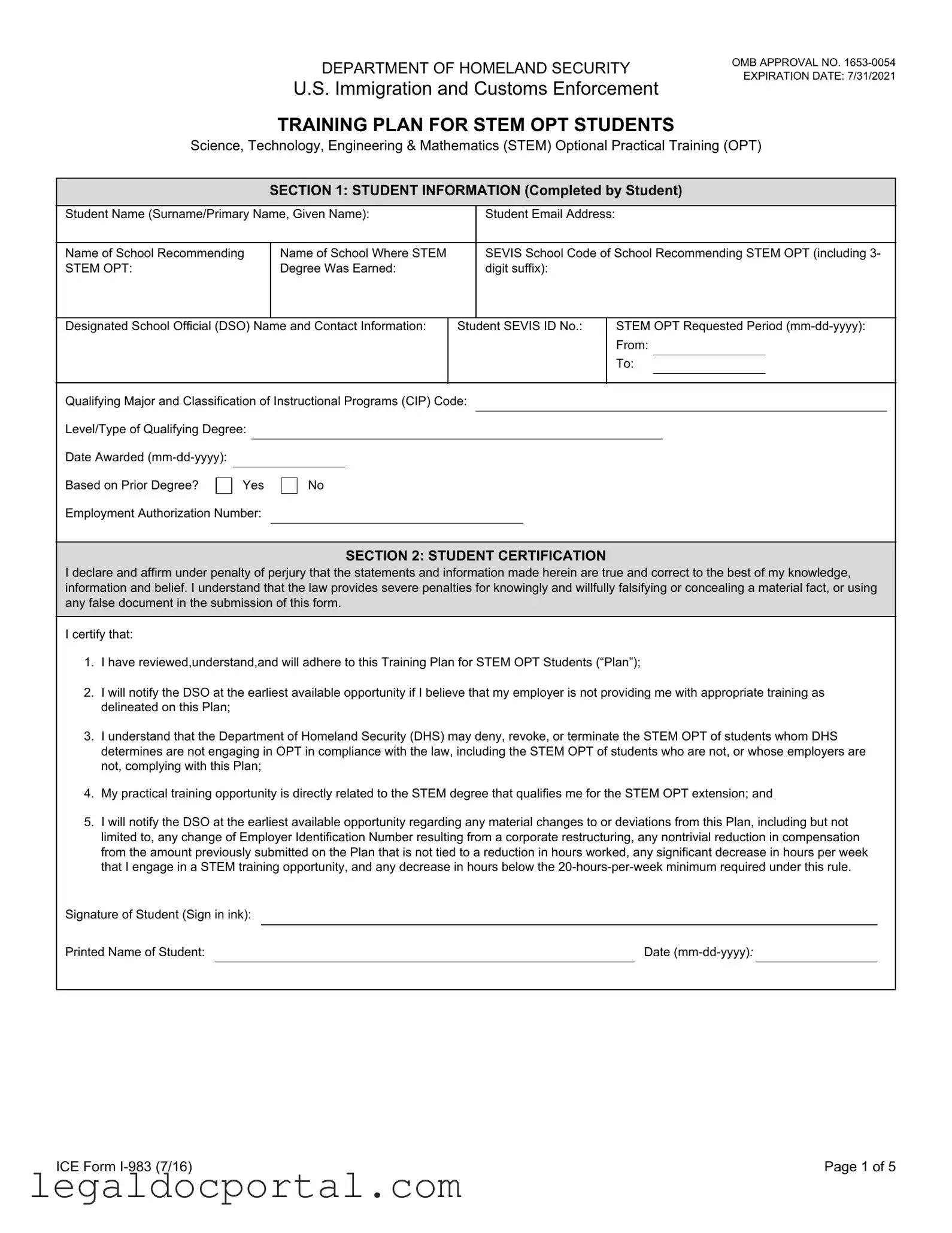 Printable ICE I-983 Form