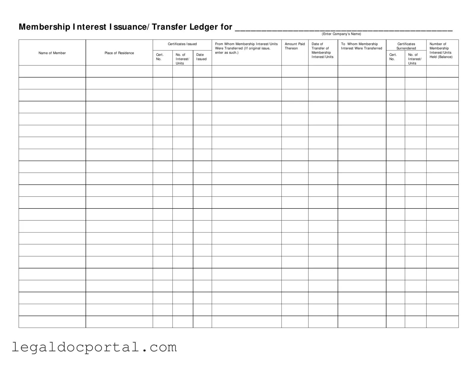 Printable Membership Ledger Form