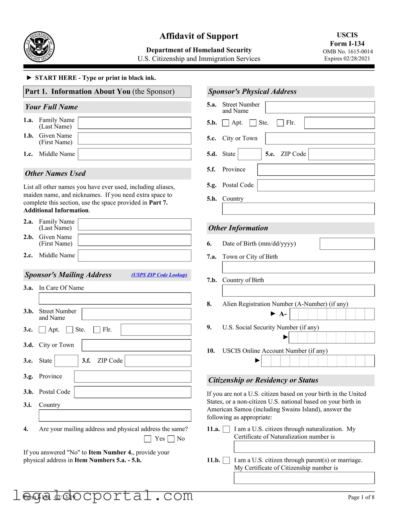Printable USCIS I-134 Form