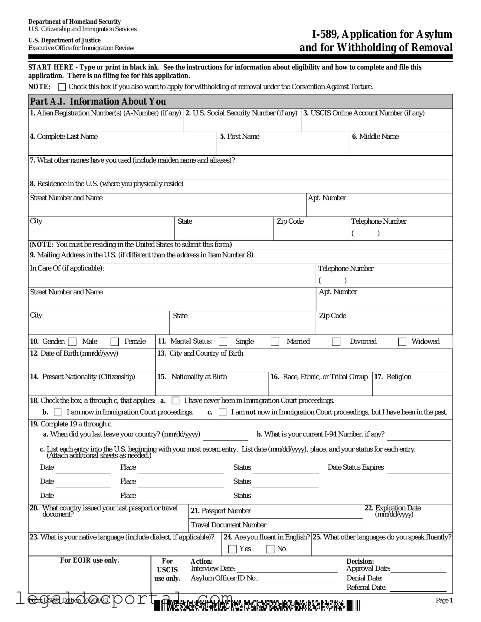Printable USCIS I-589 Form