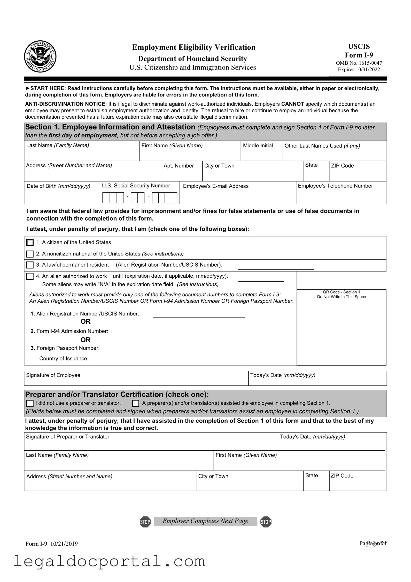 Printable USCIS I-9 Form