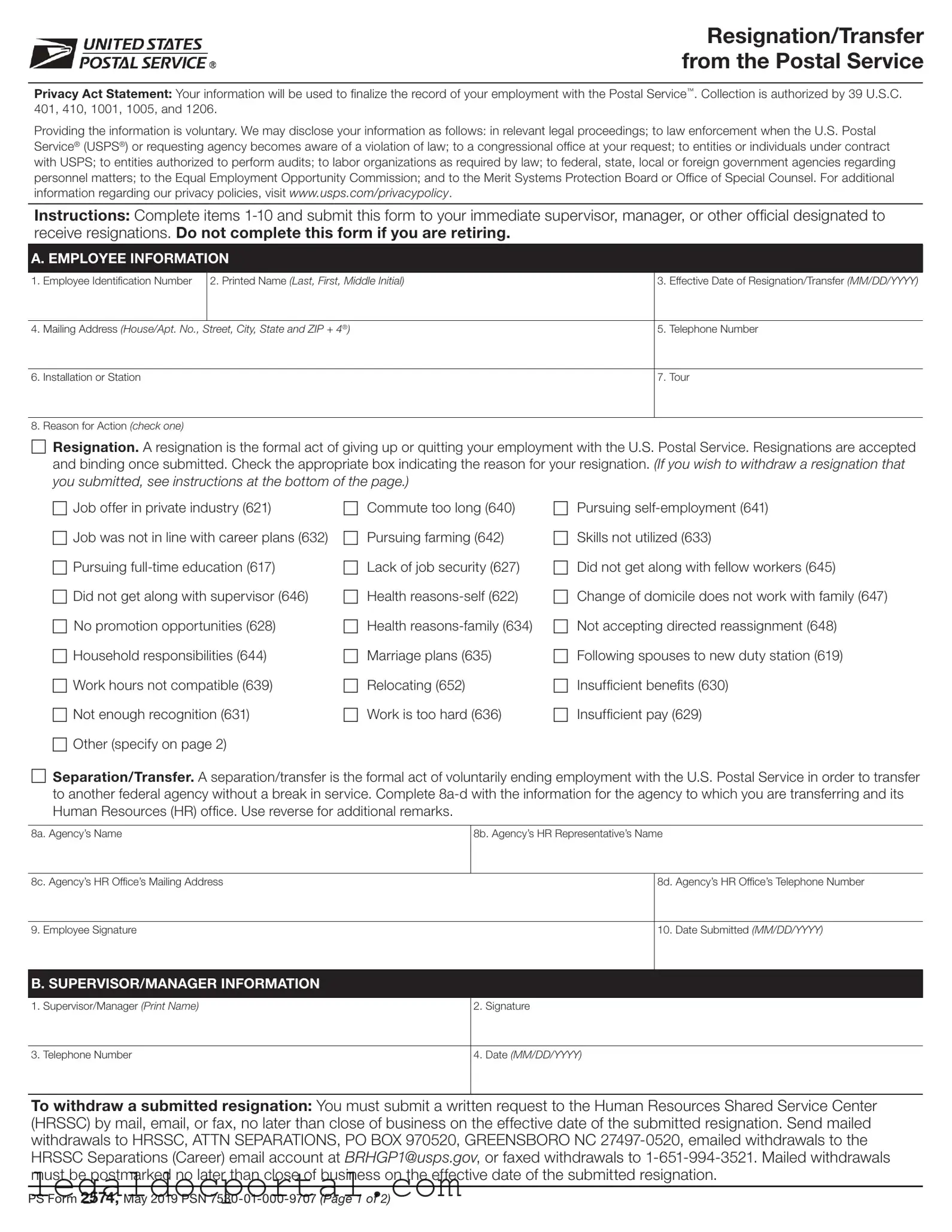 Printable Usps Resignation Form