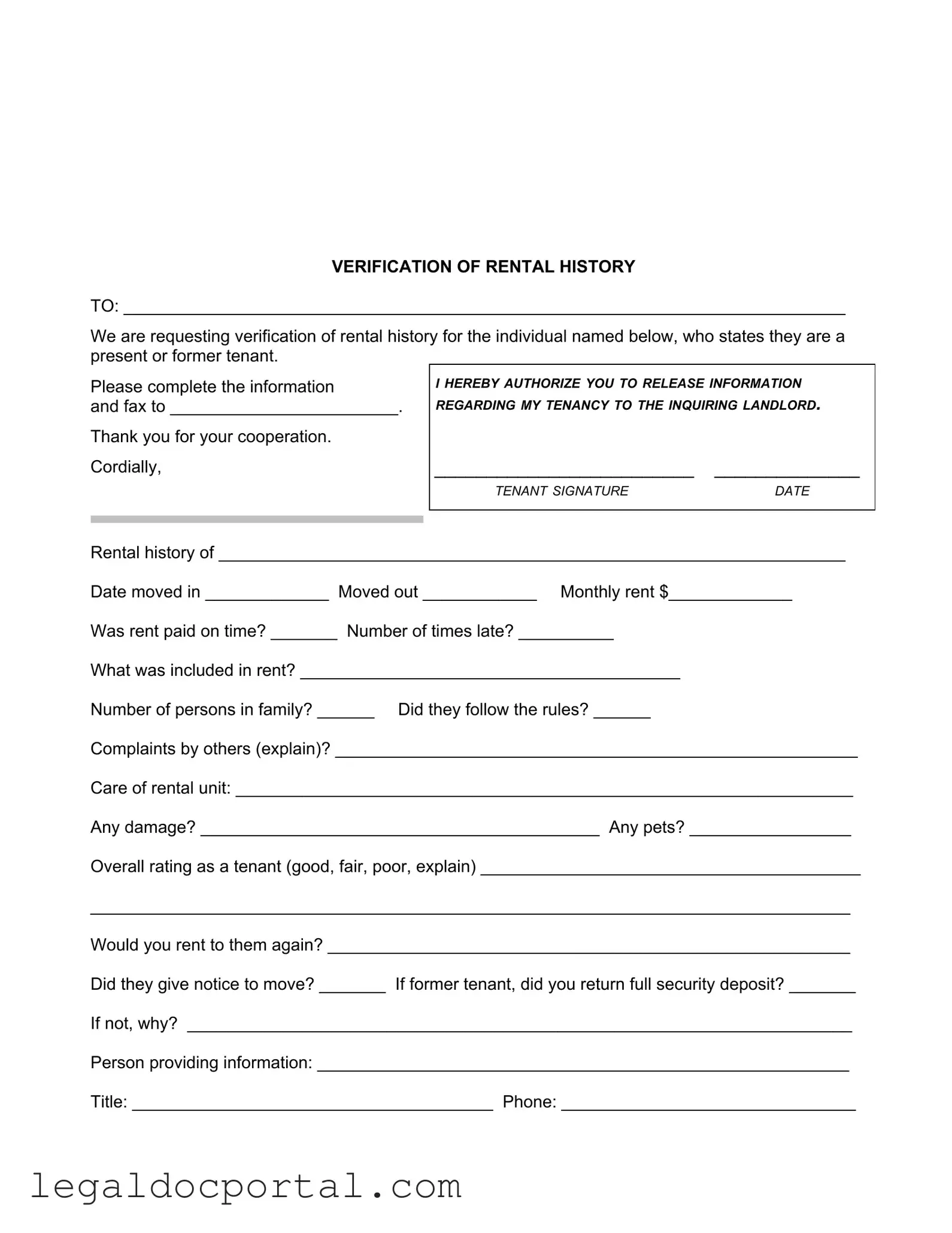 Printable Verification Rental Form