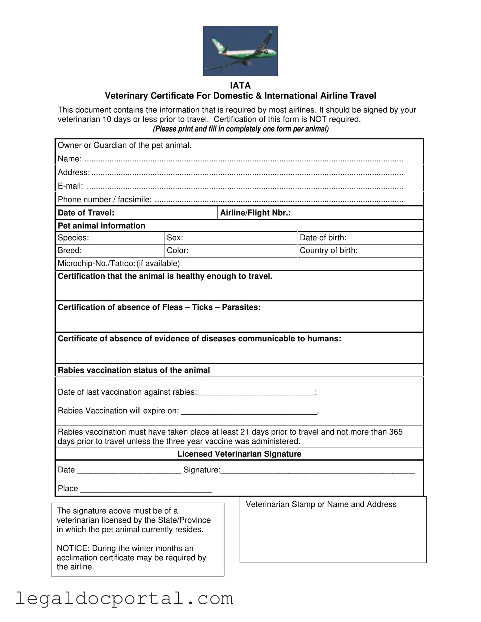 Printable Veterinary Certificate Travel Form