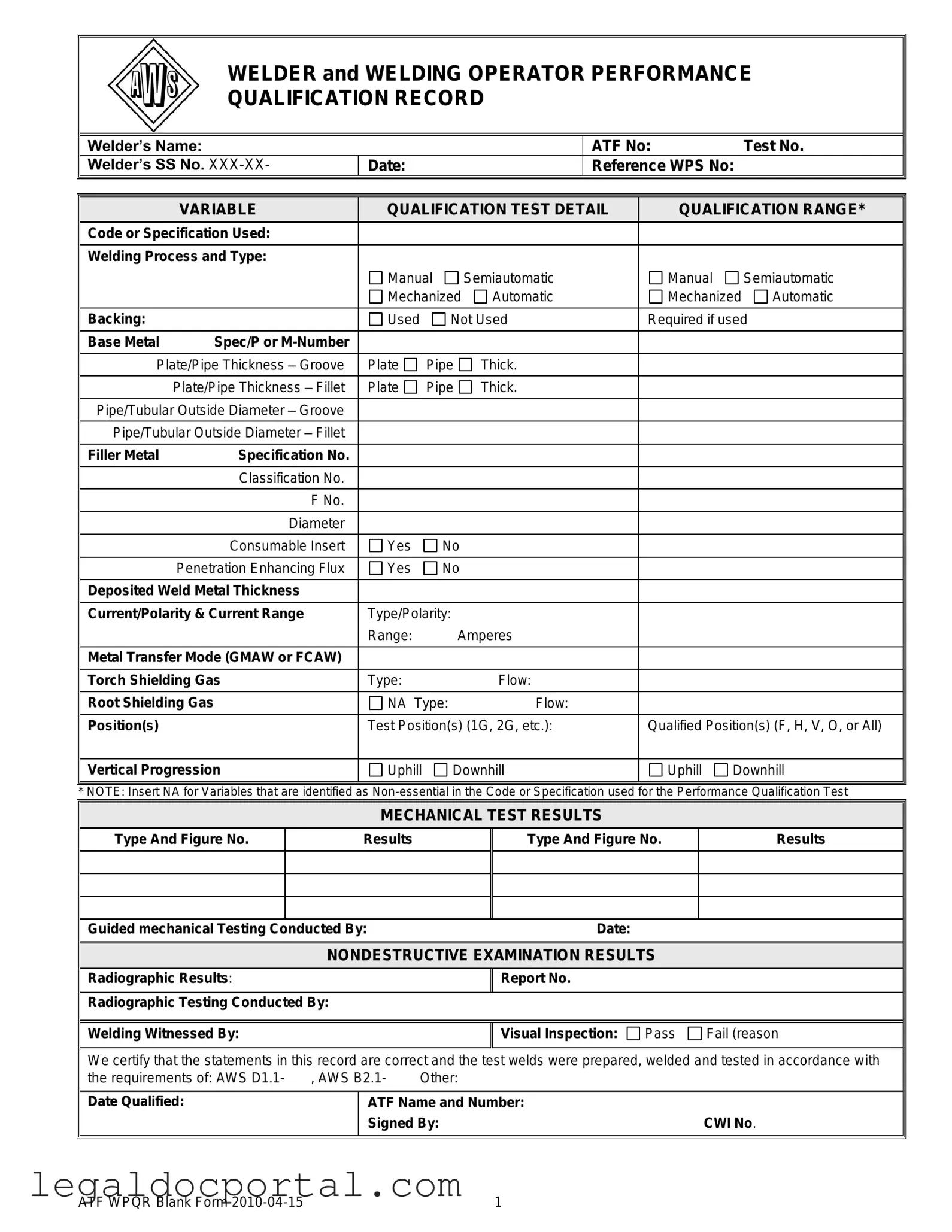 Printable Welder Performance Qualification Record Form