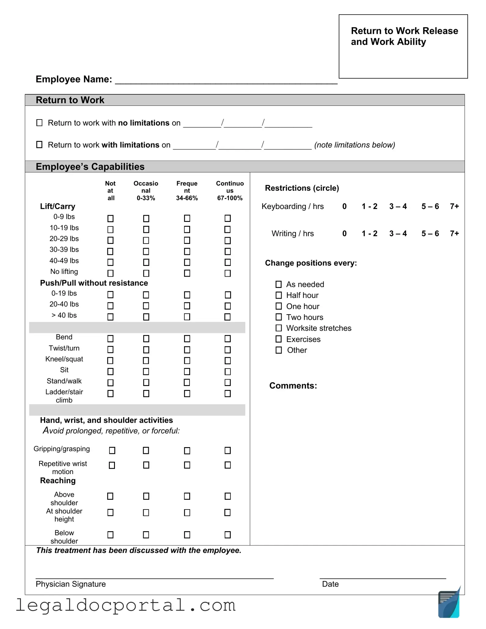 Printable Work Release Form