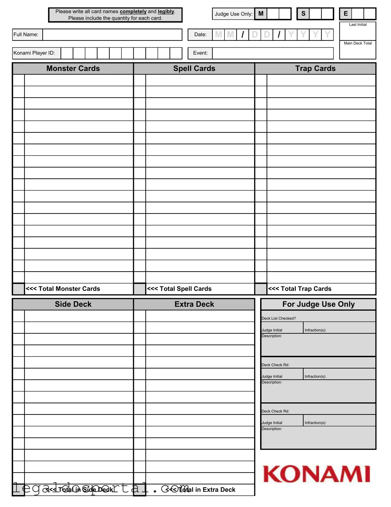 Printable Konami Decklist Form